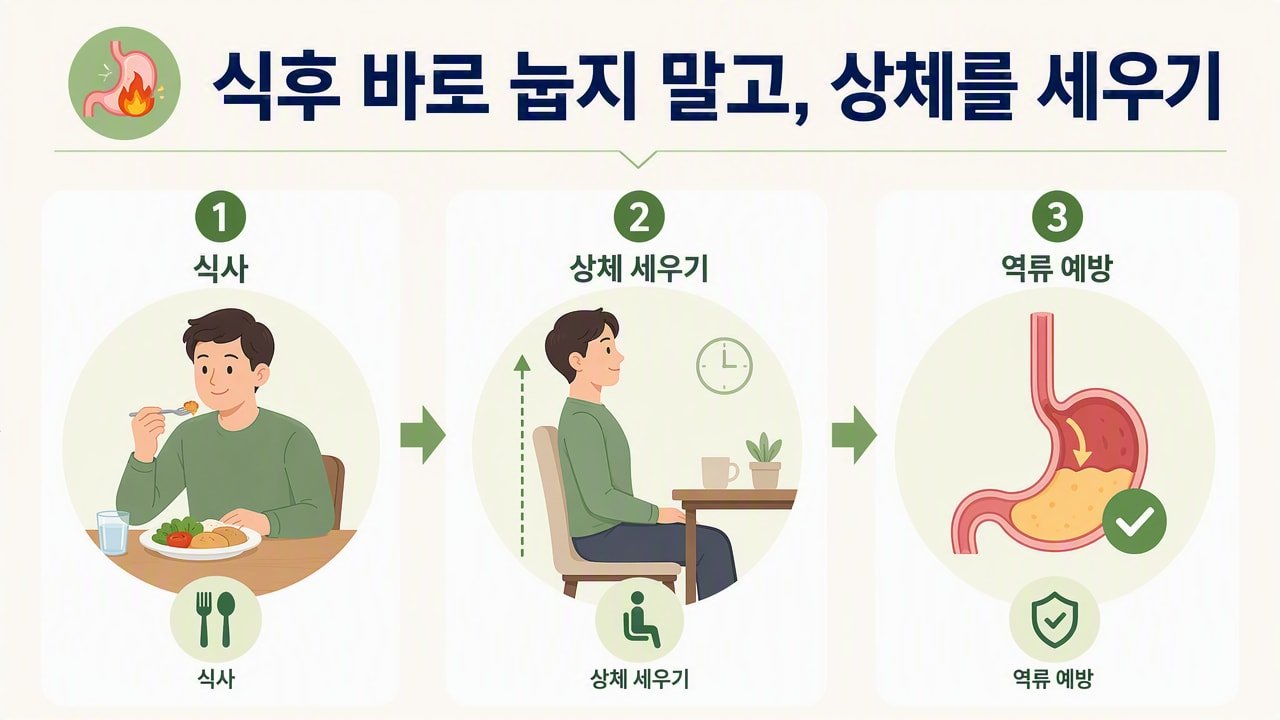 식후 바로 눕지 말고, 상체를 세우기