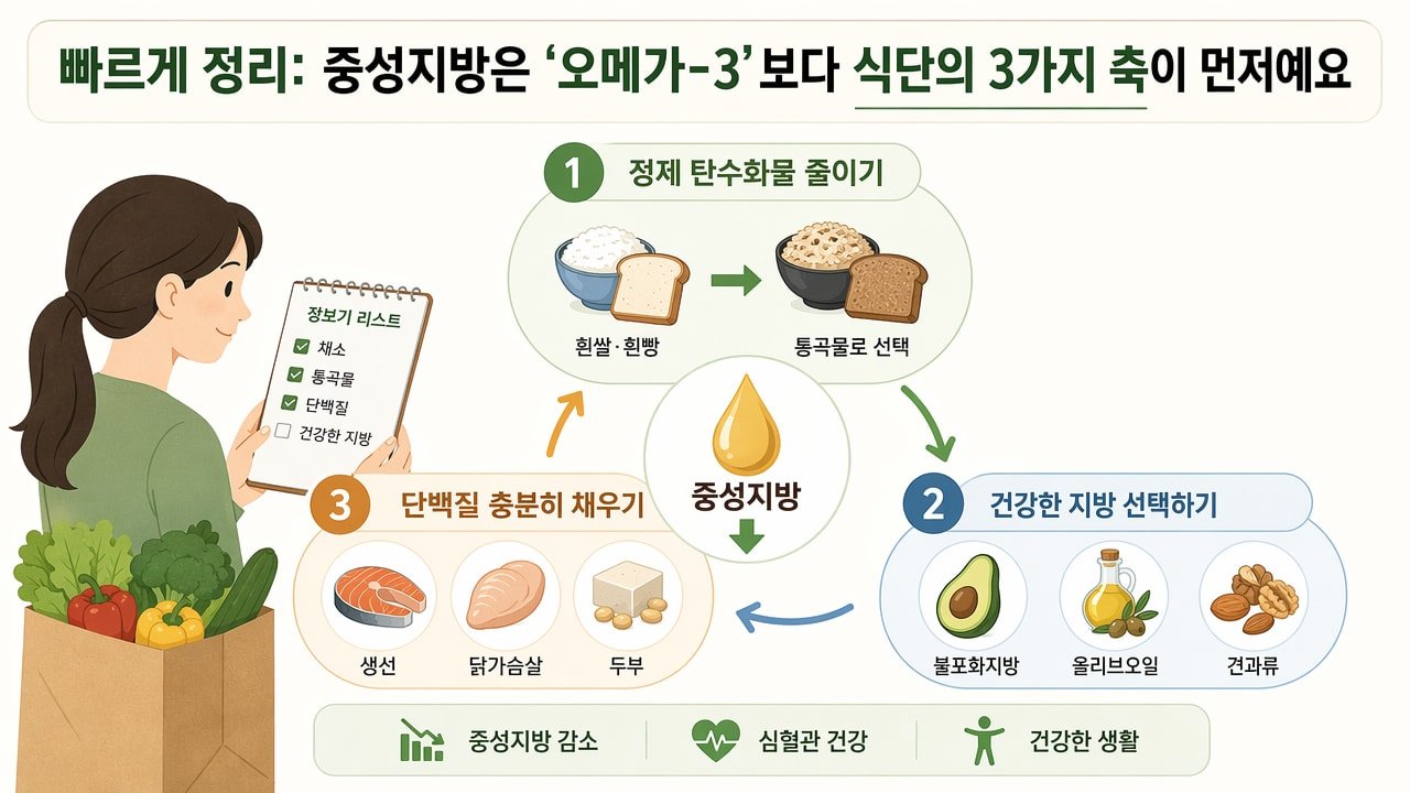 빠르게 정리: 중성지방은 ‘오메가-3’보다 식단의 3가지 축이 먼저예요