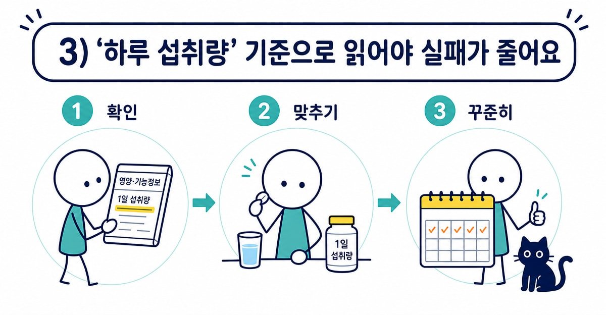 3) ‘하루 섭취량’ 기준으로 읽어야 실패가 줄어요