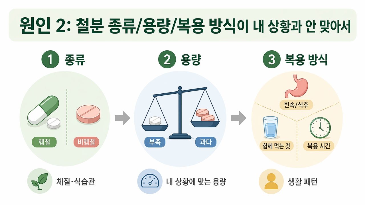 원인 2: 철분 종류/용량/복용 방식이 내 상황과 안 맞아서