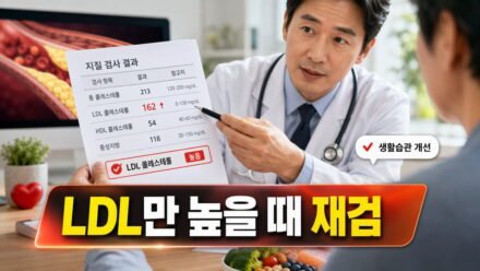 저밀도 콜레스테롤이 높고 고밀도 콜레스테롤은 정상이라면, 식단보다 먼저 확인할 위험요인과 재검 조건