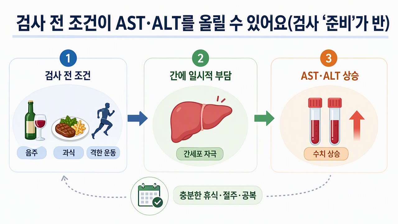 검사 전 조건이 AST·ALT를 올릴 수 있어요(검사 ‘준비’가 반)